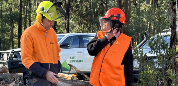  TAFE Gippsland forestry educator Russell Barter with participant Sharni Norton