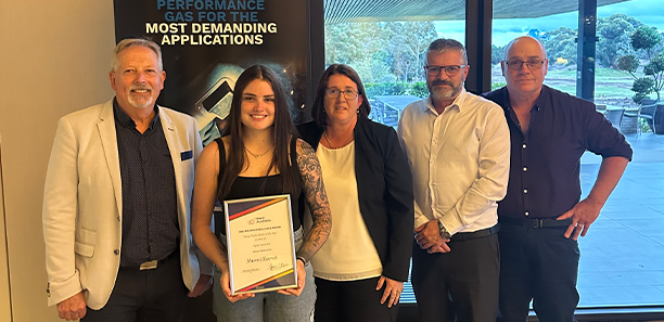 Caption: Naomi Xuereb (second from left) with TAFE Gippsland staff Phil Backman, Linda Austin, Alex Terranova and Joe Haley.