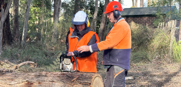 TAFE Gippsland forestry educator Kevin Nunn with participant Ruth Rogan