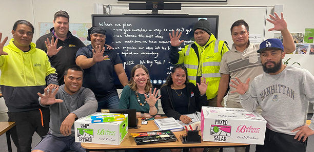 Teanea Nakao, Bulmer Farms owner Andrew Bulmer, Tiaeke Tairati, Ikake Niumea, Titera Tebakaa and Rudy Soares Belo, with (front) Mweretake Tekiera, TAFE Gippsland teacher Rachel Storer and Buangi Salomia at TAFE Gippsland’s Bairnsdale campus.